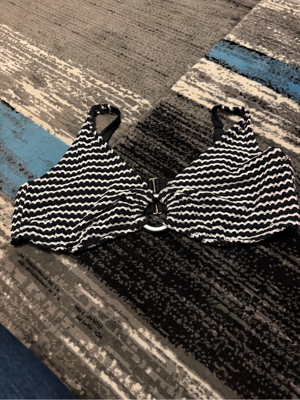 Time and Tru Black and White Striped Ring-Accent Bikini Top
